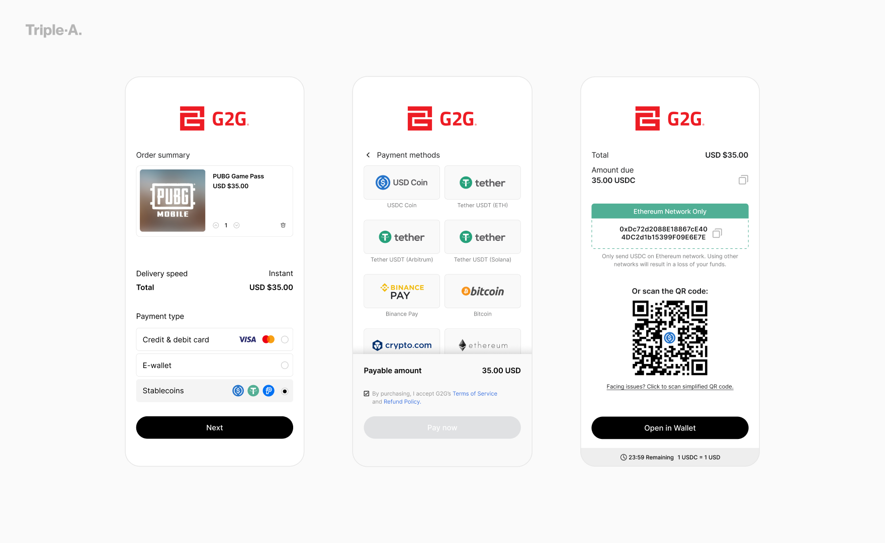Three checkout screens for a sample merchant. The first shows an order summary with Stablecoins selected as the payment type. The second lists the available coins and networks, such as USDC and USDT on several networks, Binance Pay and Bitcoin. The third shows the amount due, the wallet address, a QR code to scan and a countdown timer.